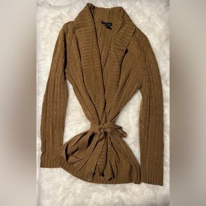Brown/Tan Collared cardigan with Tie Closure. Size medium.